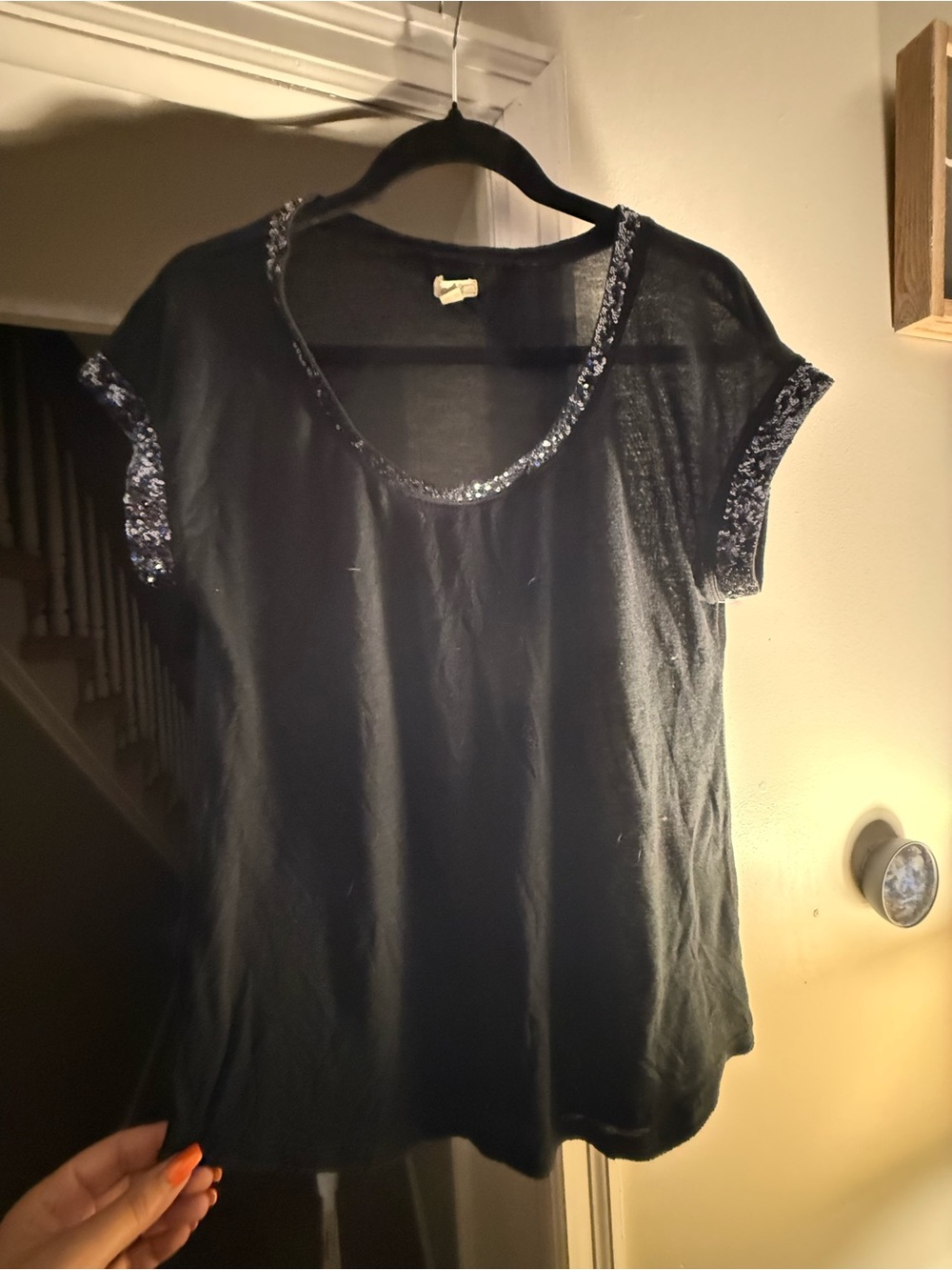 aerie Black Short Sleeve Tee with Sequin Trim